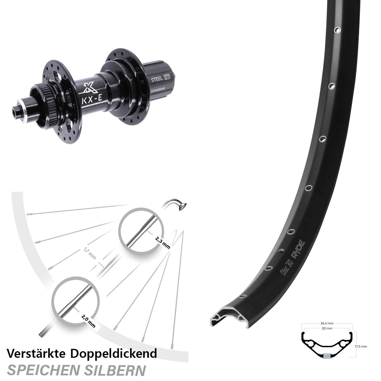 29 Zoll Ryde Disc 30 KX-E Boost Hinterrad Centerlock QR Boost 8-12 fach