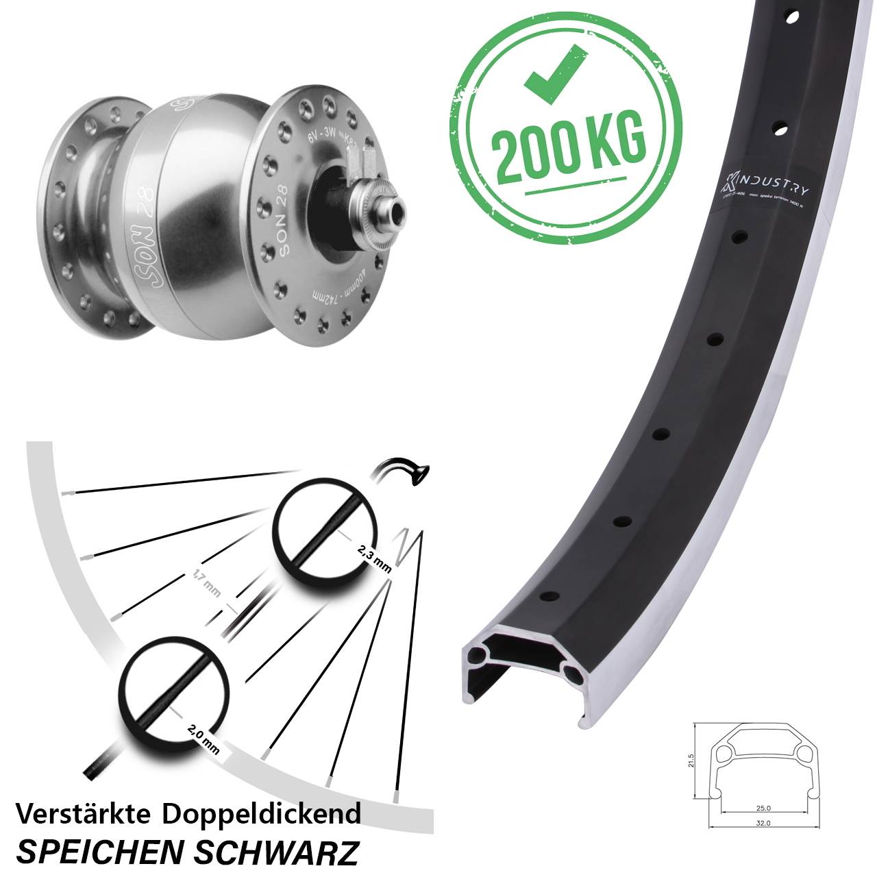 Vorderrad mit Nabendynamo QR 20 Zoll KX Industry SON 28