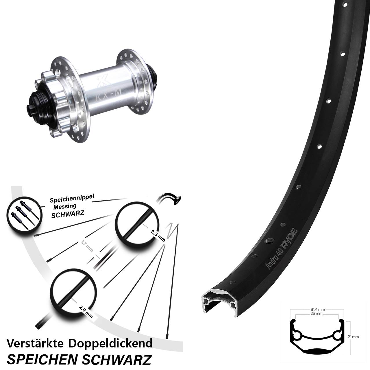 Ryde Andra 40 Disc KX-M 27,5 Zoll 6-Loch Vorderrad QR