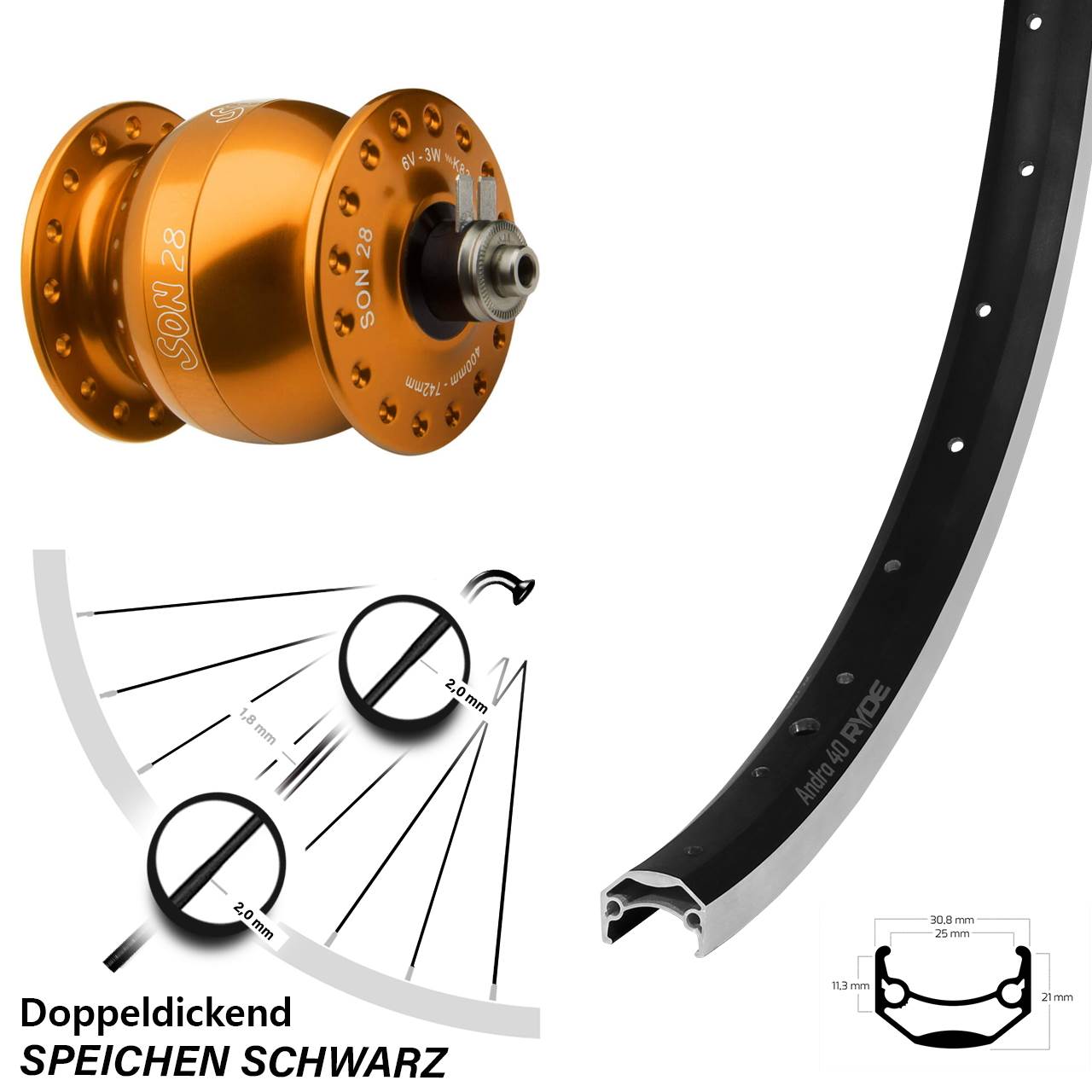 Ryde Andra 40 Fahrrad-Vorderrad orangener Son 28 Zoll