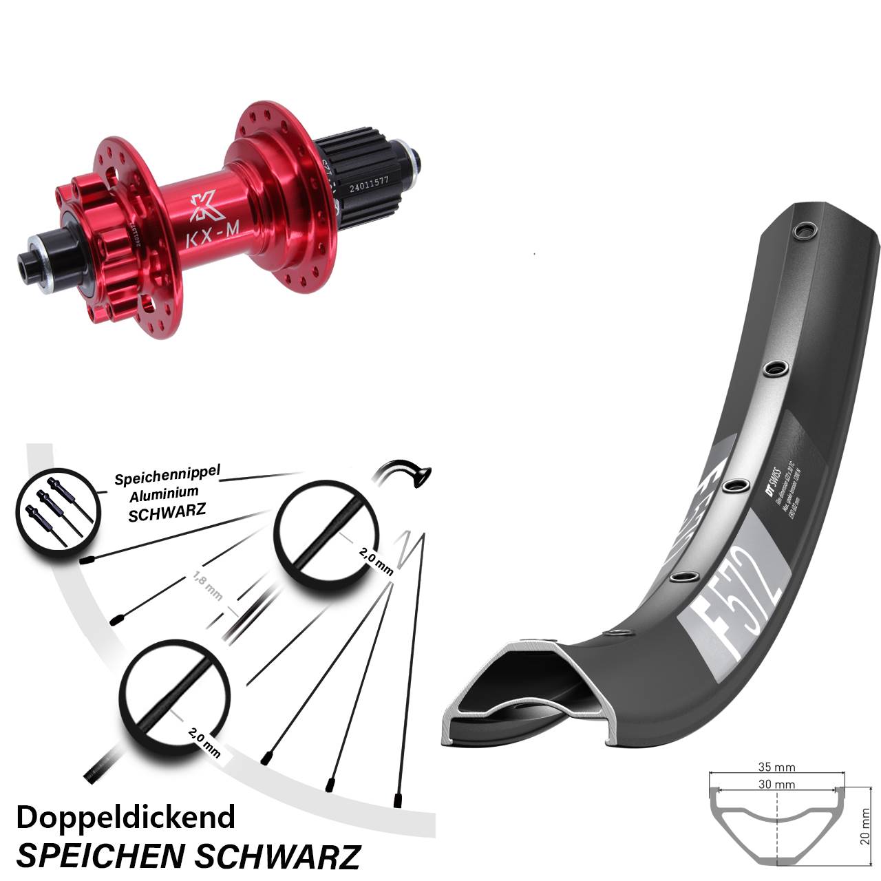 27,5 Zoll DT Swiss F 572 KX-M rot Hinterrad 6-Loch QR Shimano Micro Spline