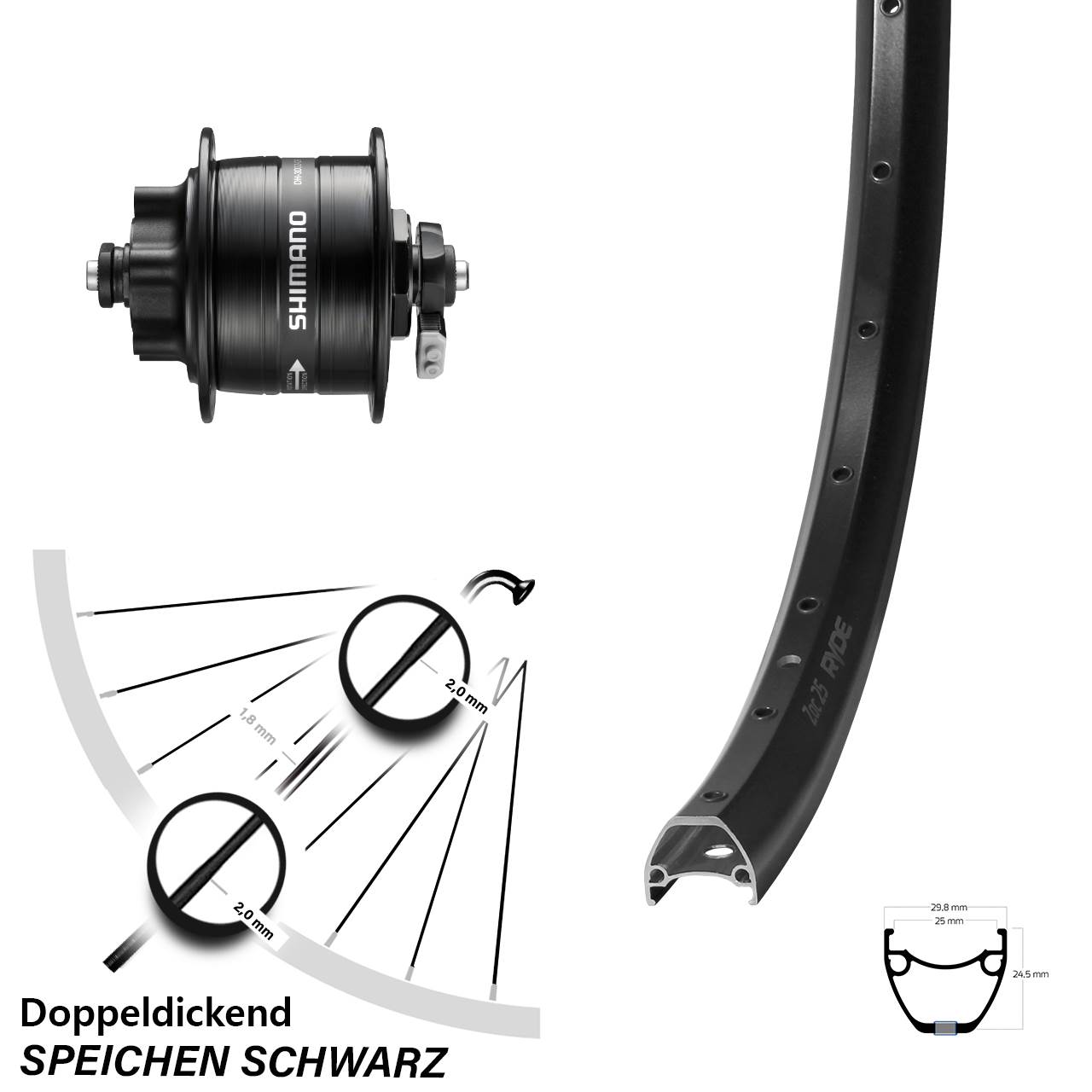 28 Zoll Ryde ZAC 25 Shimano DH-3D32 6-Loch Nabendynamovorderrad QR