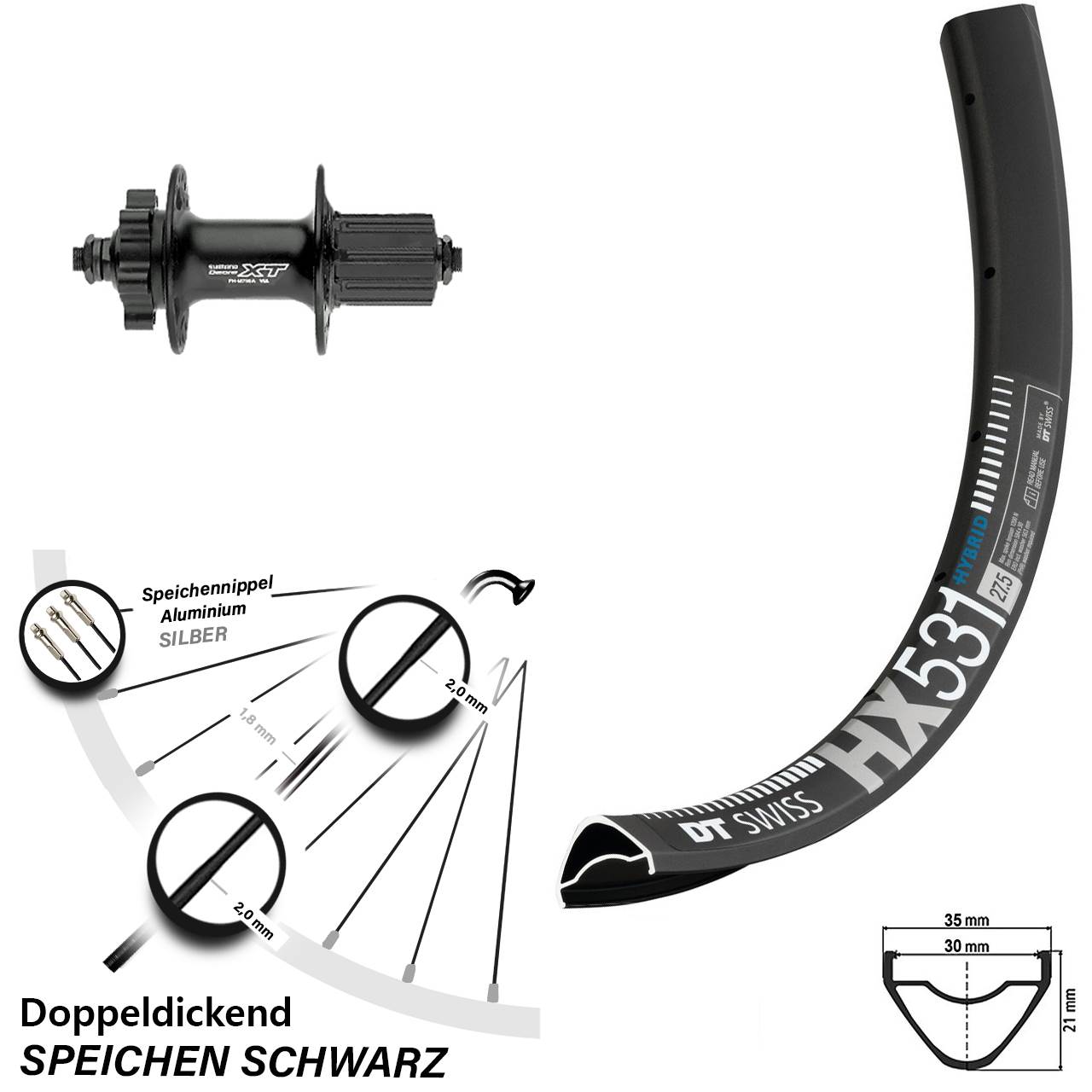 Hinterrad 29 Zoll DT Swiss HX531 Shimano Deore XT FH-M756 8-11 fach HG
