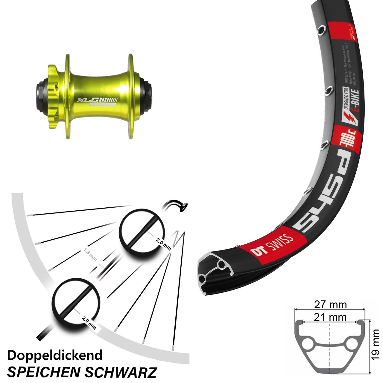 28 Zoll DT Swiss 545 XLC grün Vorderrad 6-Loch 15x100