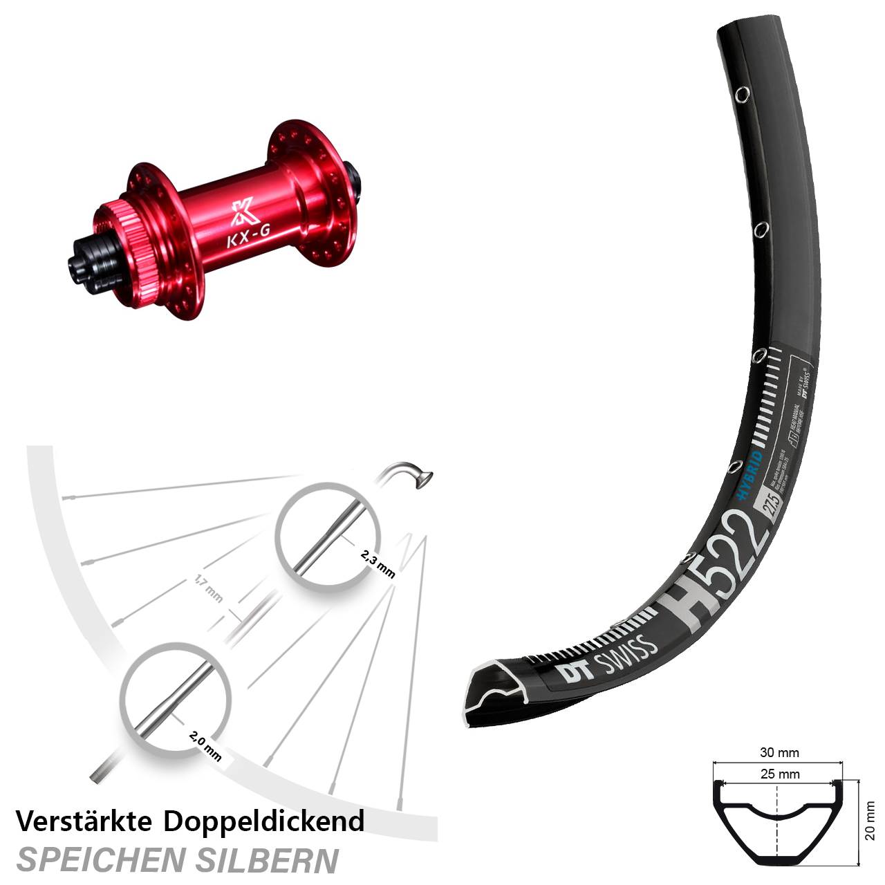 DT Swiss H522 KX-G rot 29 Zoll Disc Vorderrad für Schnellspanner