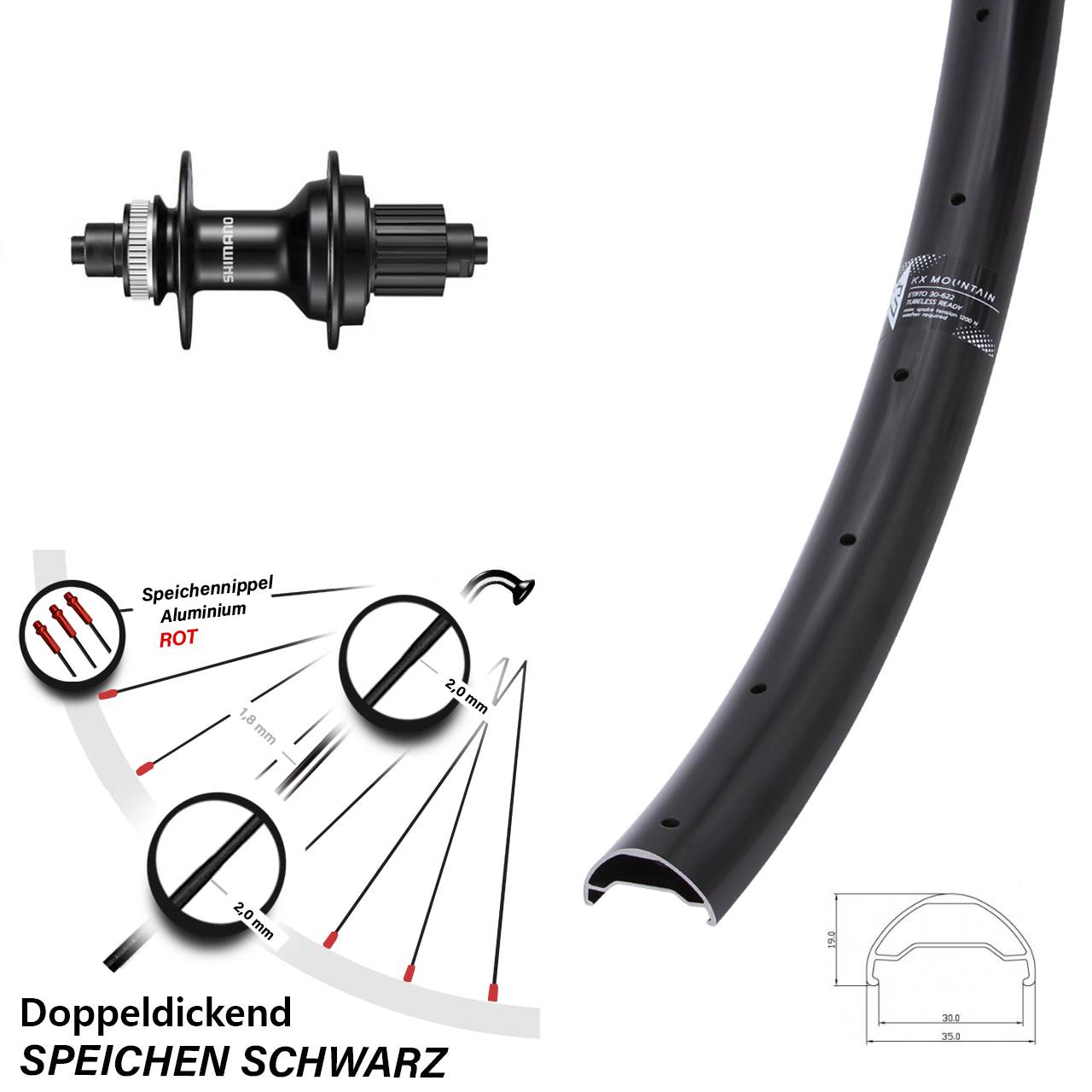 KX Mountain TR Shimano FH-MT500 29 Zoll Hinterrad für Schnellspanner Micro Spline