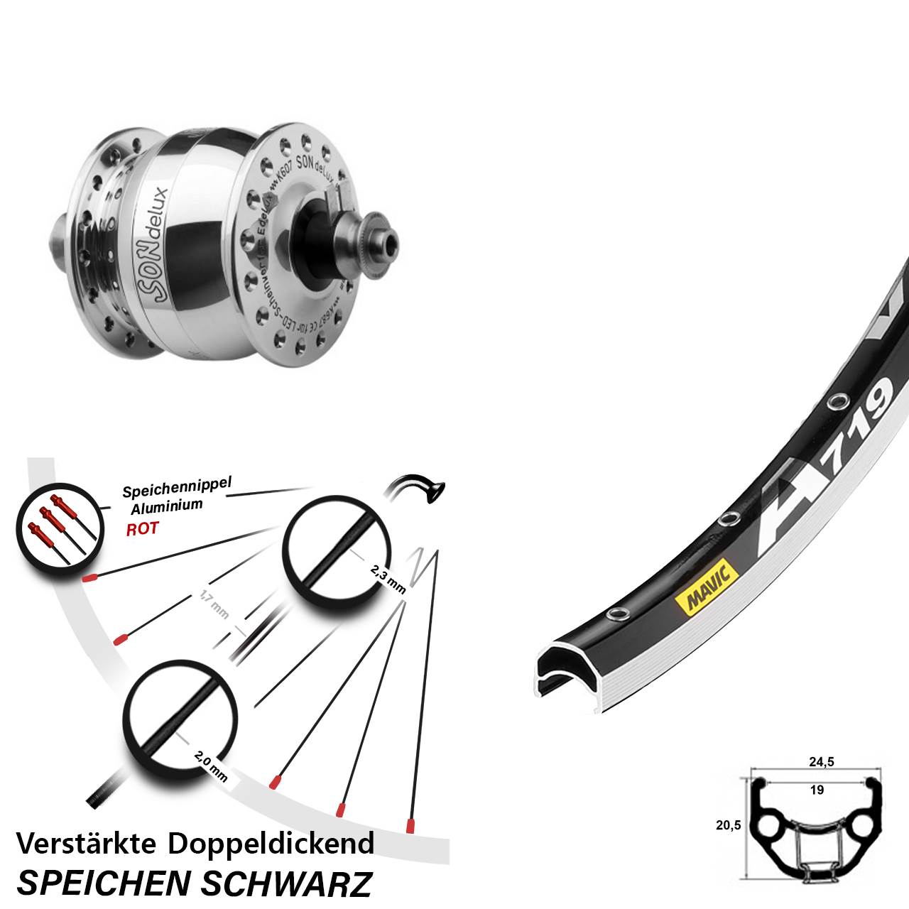 Nabendynamolaufrad 28 Zoll Mavic A 719 SONdelux poliert QR