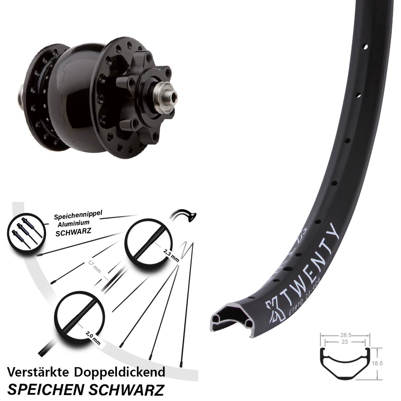 Vorderrad Nabendynamo SON 28 schwarz KX Twenty 20 Zoll 6-Loch verstärkt