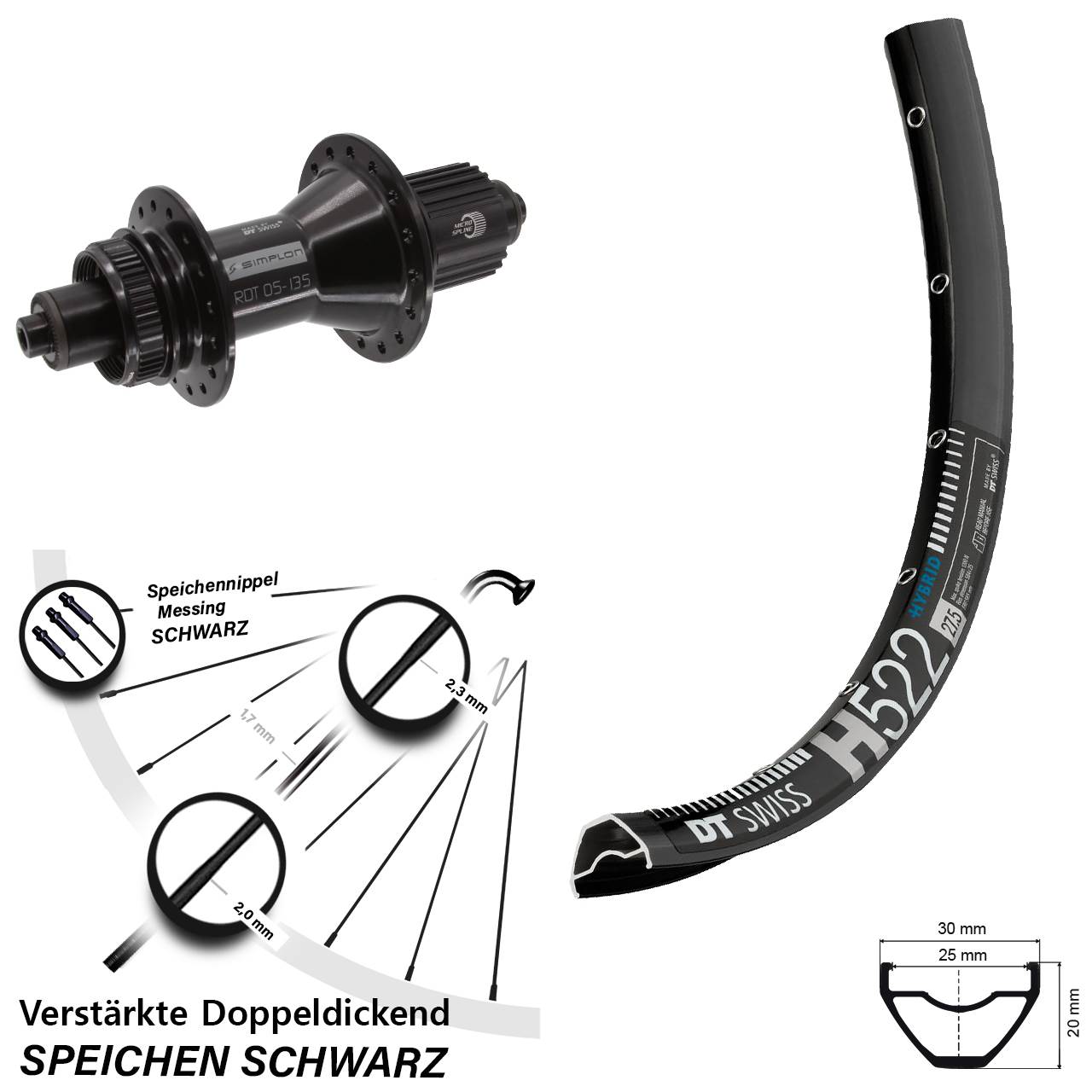 27,5 Zoll DT Swiss H522-370 Hybrid Centerlock Hinterrad QR Micro Spline