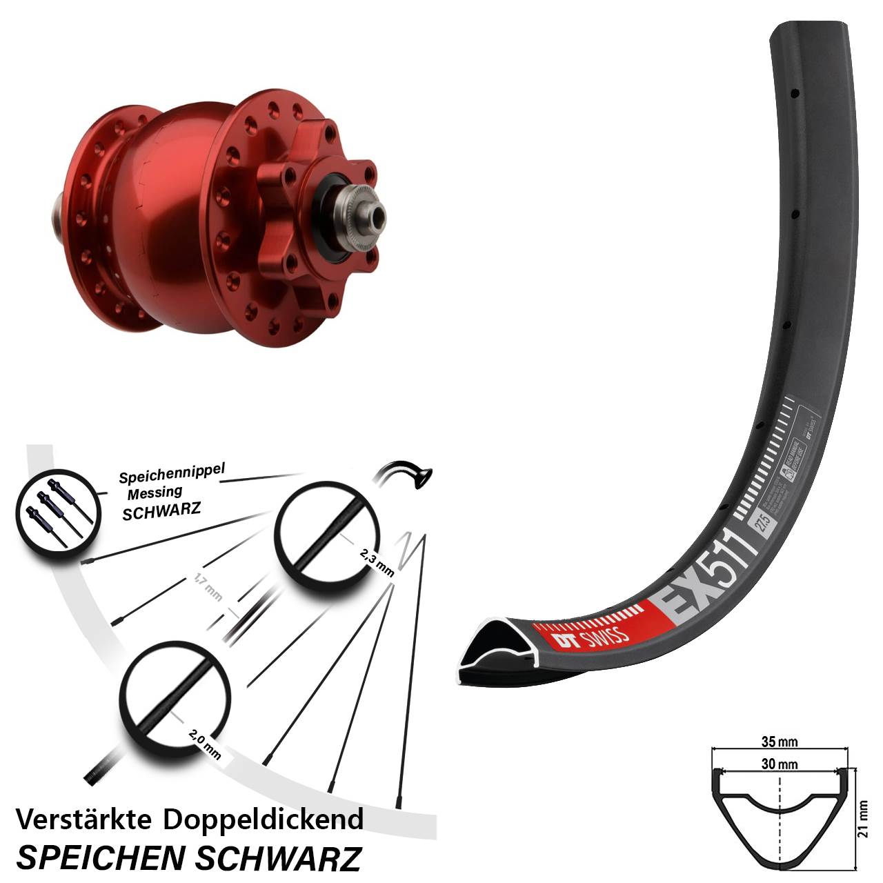 Disc Vorderrad mit Nabendynamo 27,5 Zoll DT Swiss EX511 SON 28 rot für Schnellspanner