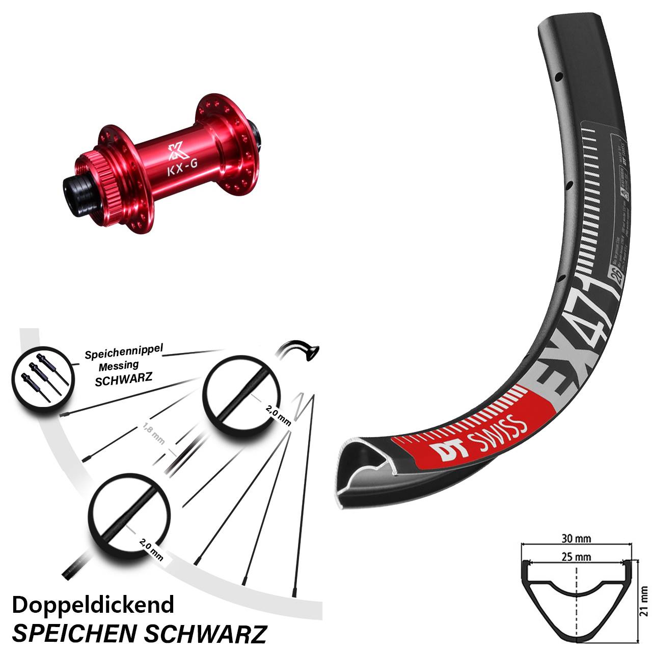 DT Swiss EX 471 Vorderrad 27,5 Zoll mit KX-G Steckachse Nabe rot-eloxiert
