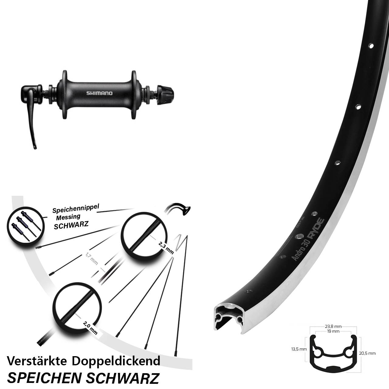 Vorderrad 28 Zoll Ryde Andra 30 Shimano HB-T3000 für Schnellspanner