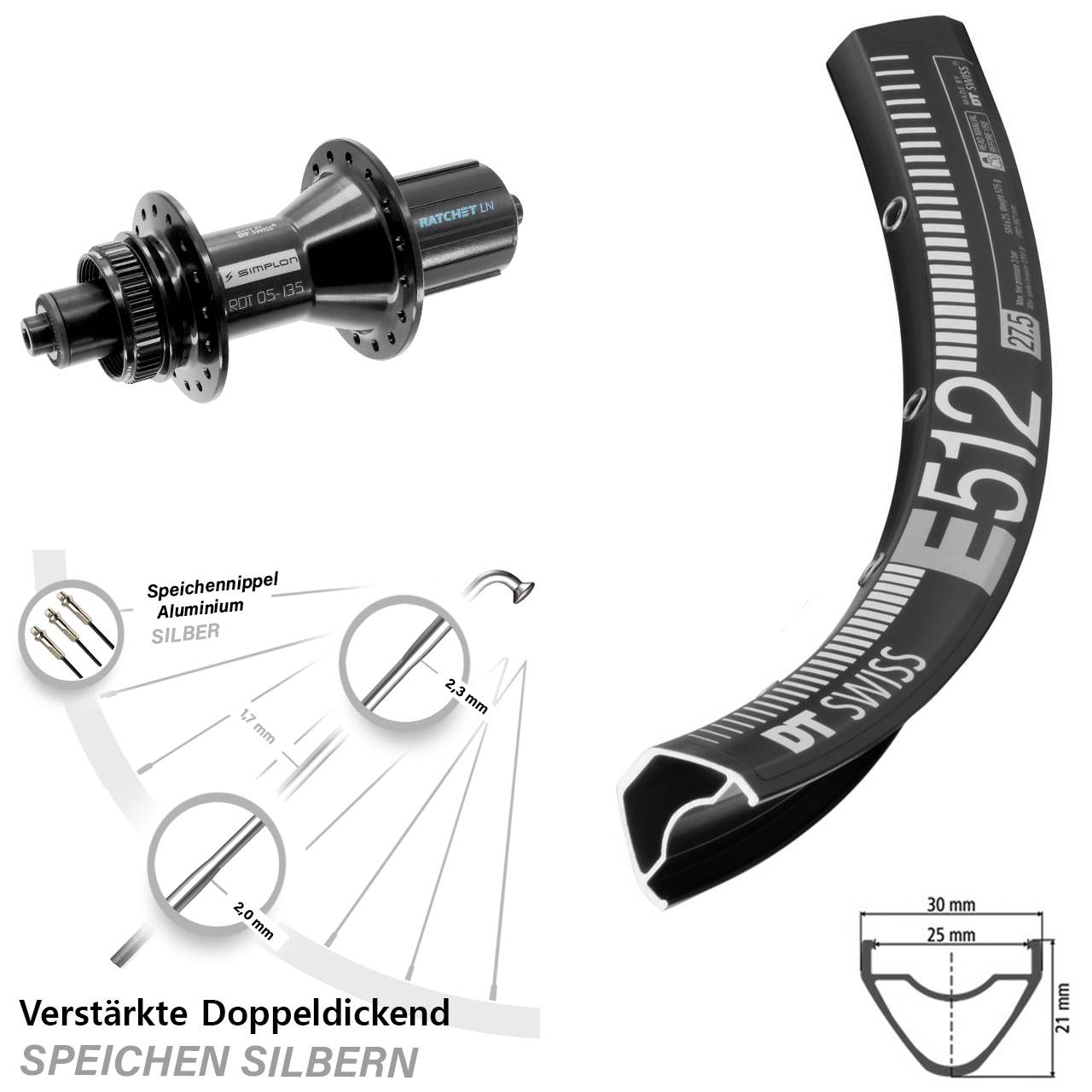 29 Zoll DT Swiss E512-370 Hybrid Centerlock Hinterrad für Schnellspanner 8-11 fach