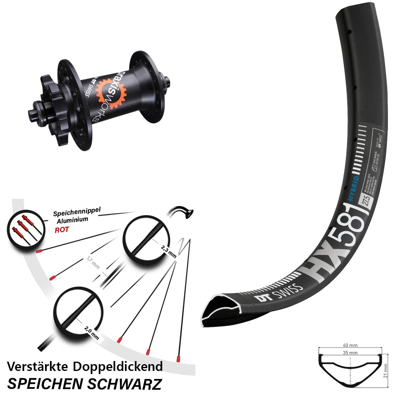 Vorderrad 6-Loch 27,5 Zoll DT Swiss HX581 DT Swiss 350 QR für Schnellspanner