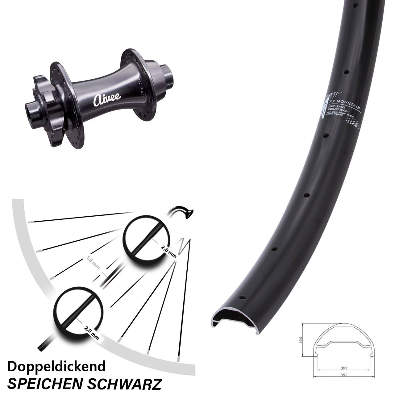 Vorderrad 29 Zoll leicht KX Mountain TR Aivee Classic 6-Loch Boost Nabe