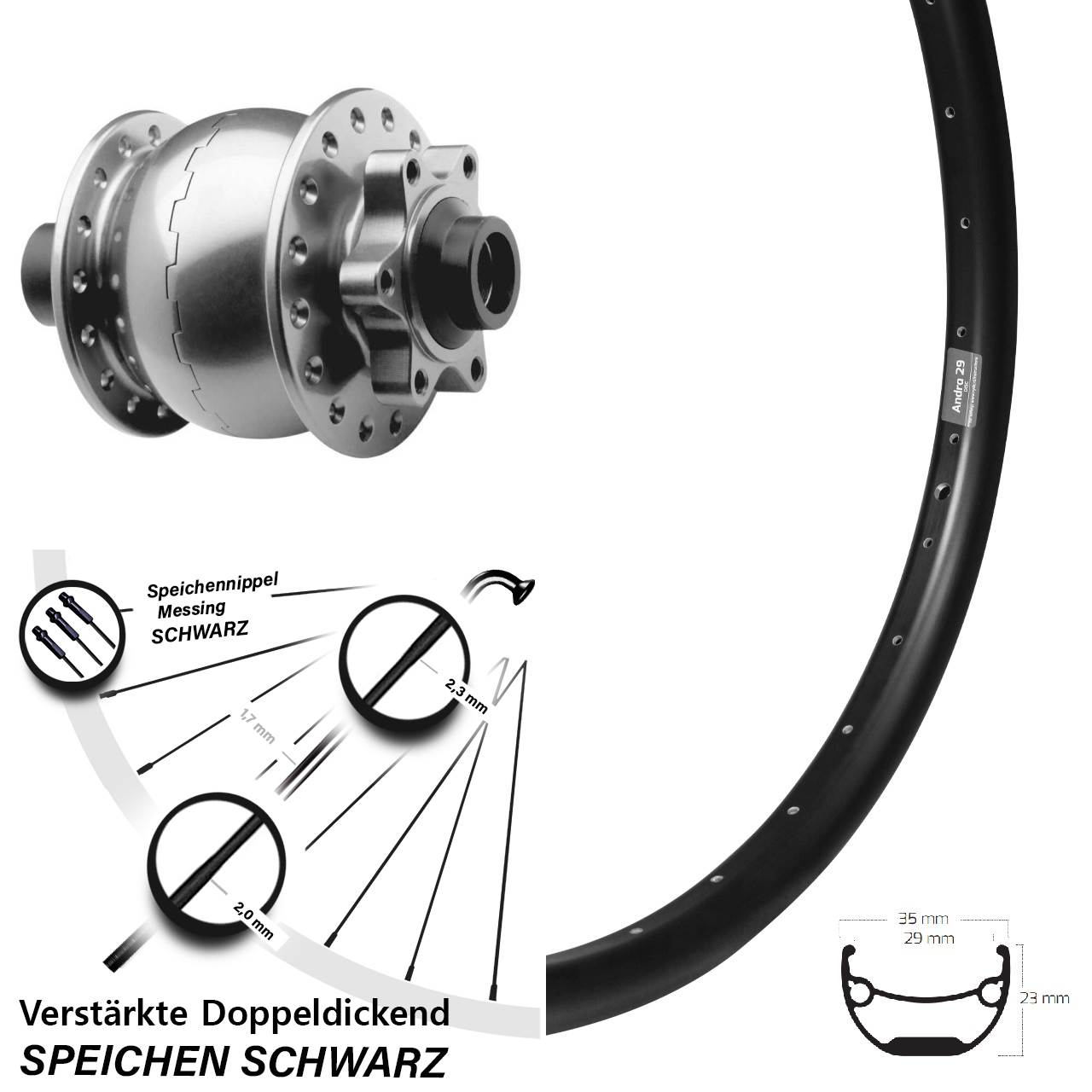 SON 28 Ryde Andra-29 29 Zoll Vorderrad mit Nabendynamo 6-Loch 15x100