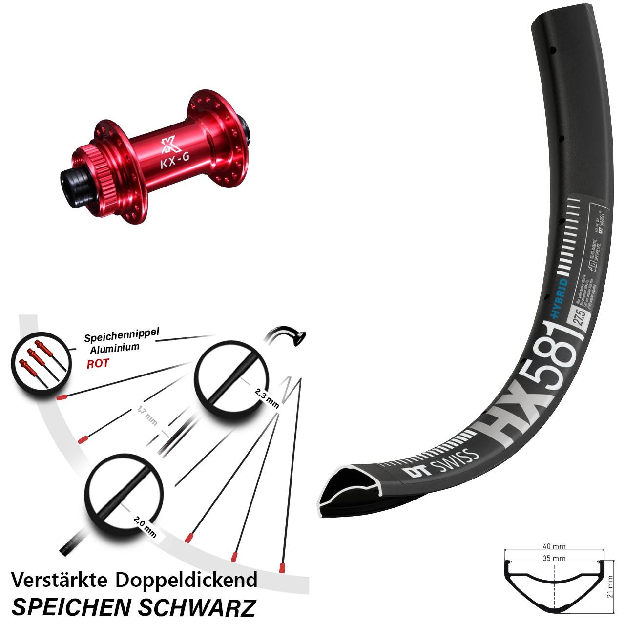 27,5 Zoll DT Swiss HX581 KX-G rot Centerlock Vorderrad 15x100
