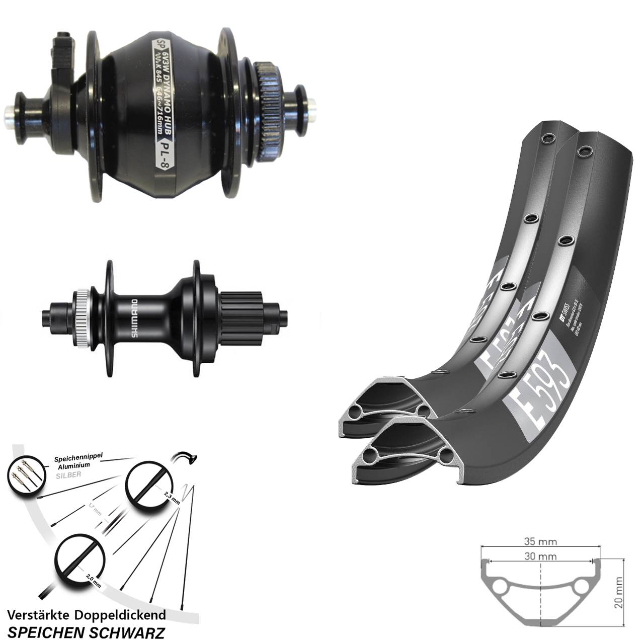 Disc Laufradsatz QR 29 Zoll DT Swiss E 593 Shimano FH-MT500 SP PL-8 Micro Spline