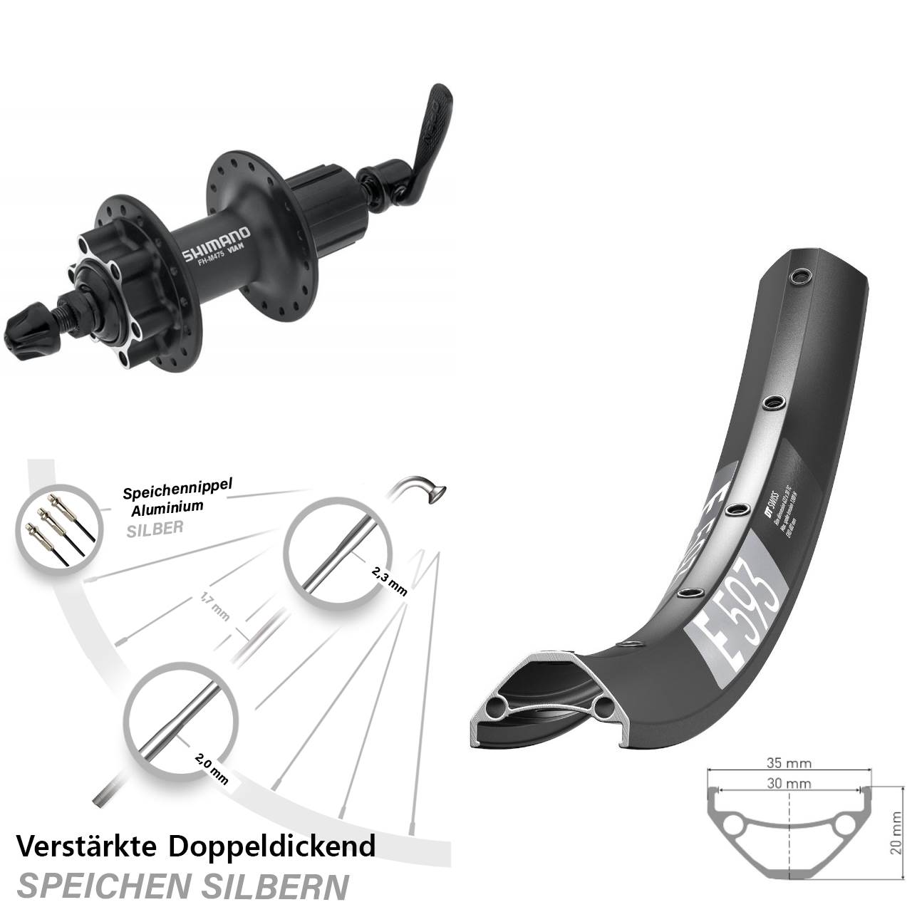 DT Swiss E593 Shimano FH-M475 29 Zoll Hinterrad 6-Loch für Schnellspanner 8-11 fach HG