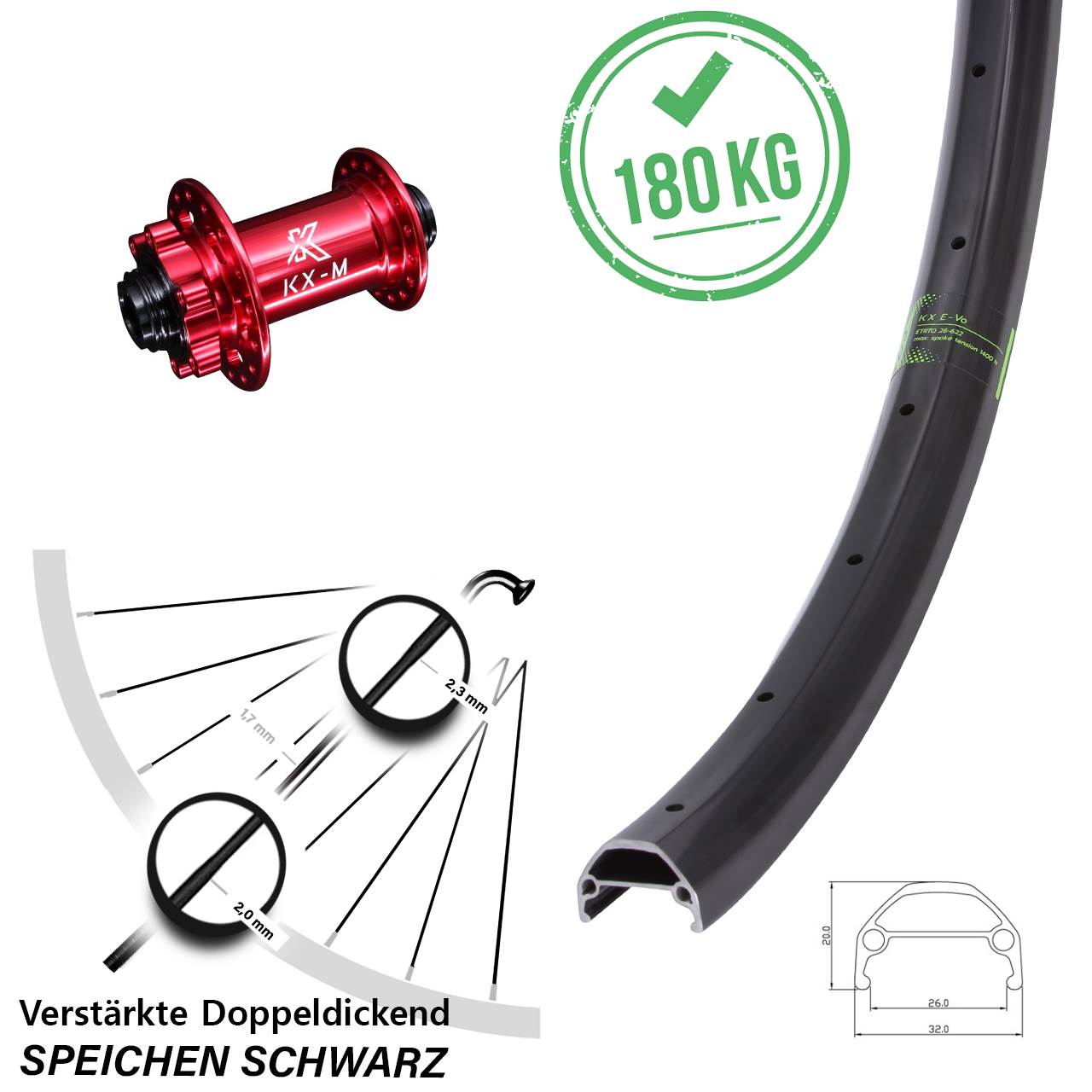 6-Loch Vorderrad 650B KX Evo verstärkt rot 15x100