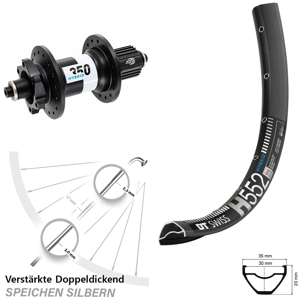 29 Zoll DT Swiss H552-350 Hybrid Disc Laufrad QR Boost Shimano Micro Spline