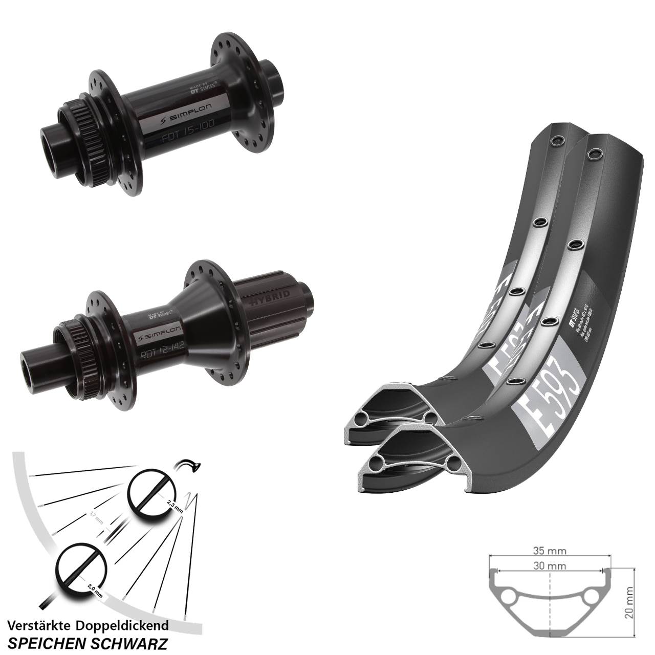 Disc Laufradsatz 15x100 12x142 29 Zoll DT Swiss E593 370 Hybrid 8-11 fach