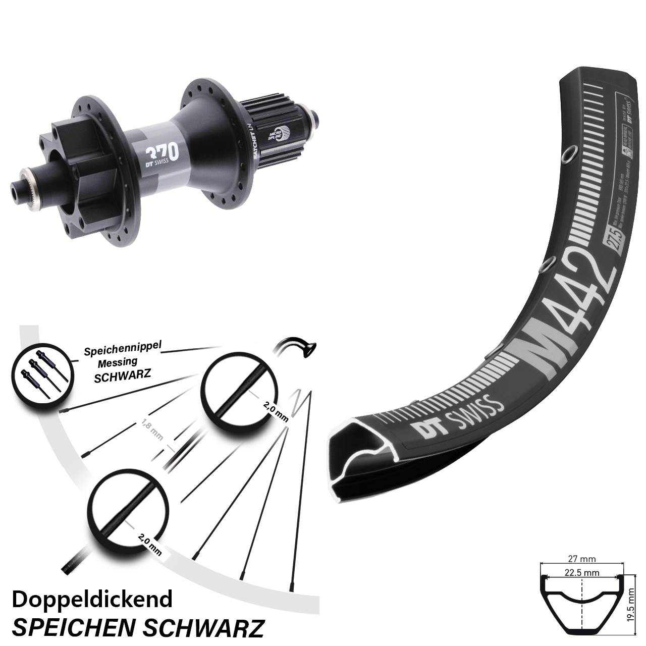 28 Zoll DT Swiss M442 DT Swiss 370 Boost Hinterrad 6-Loch QR Boost Micro Spline