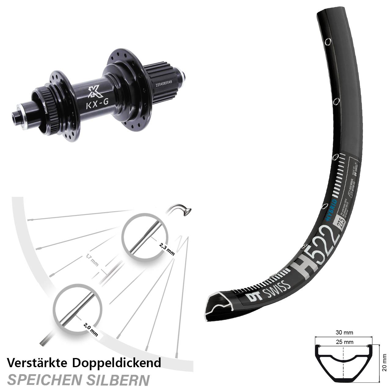 28 Zoll DT Swiss H522 KX-GS verstärkt Centerlock Hinterrad QR Micro Spline