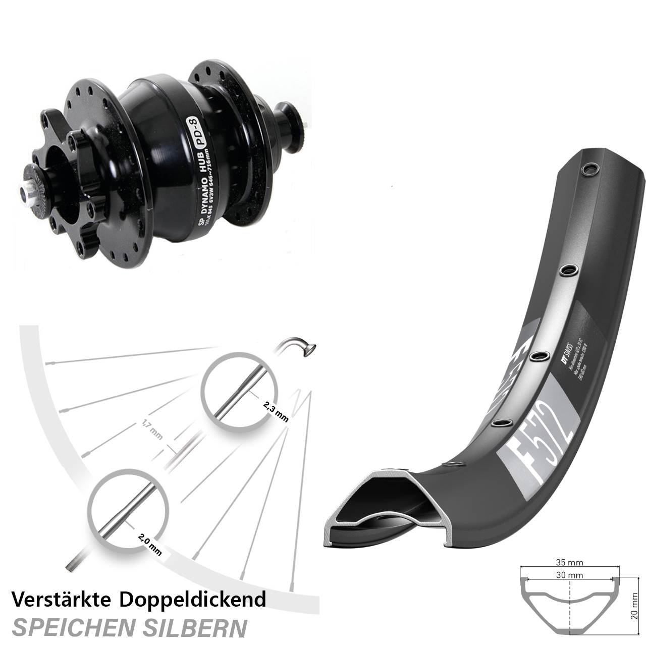 Nabendynamovorderrad 6-Loch 29 Zoll DT Swiss F 572 Shutter PD-8 für Schnellspanner