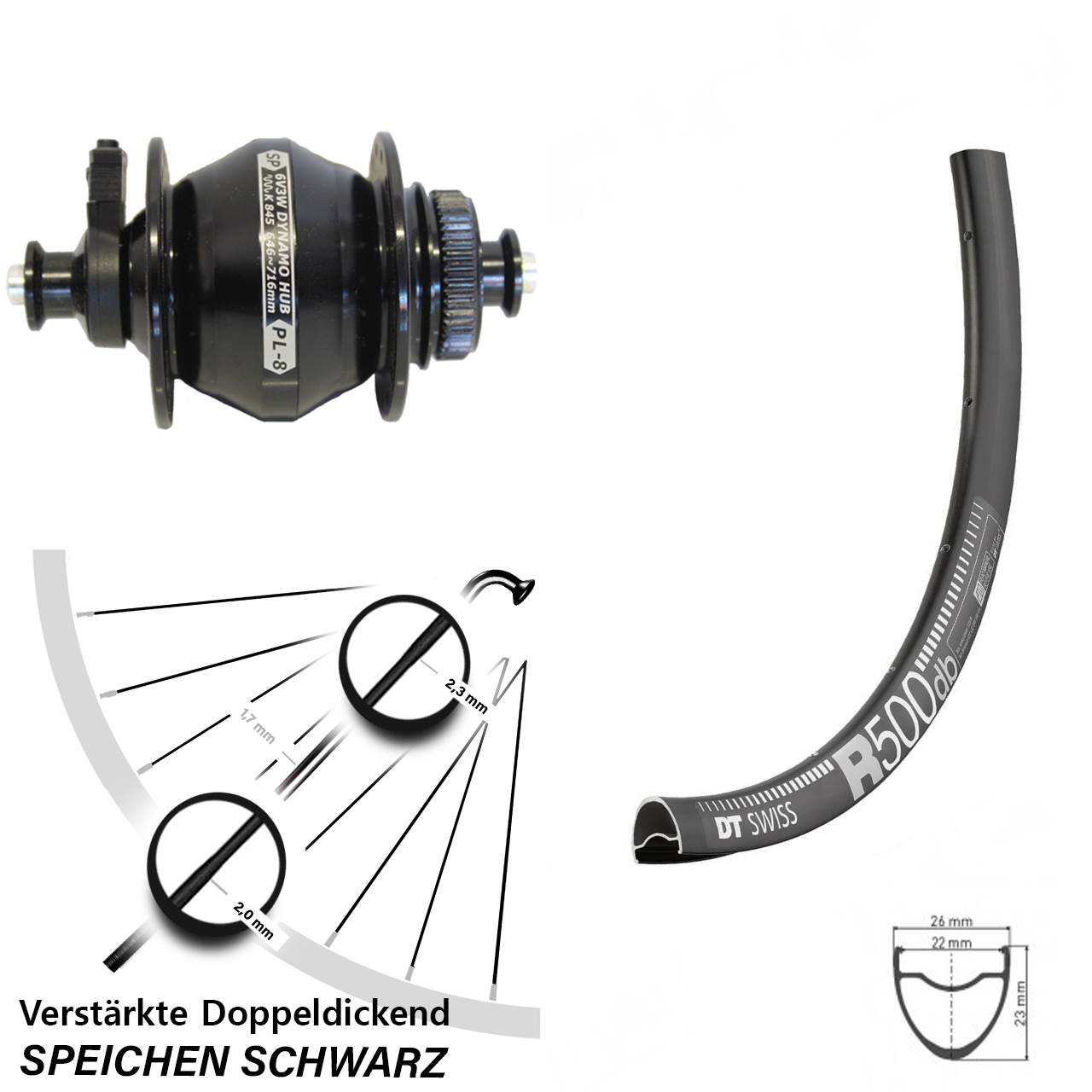 29 Zoll DT Swiss R 500 Shutter PL-8 Disc Nabendynamovorderrad für Schnellspanner