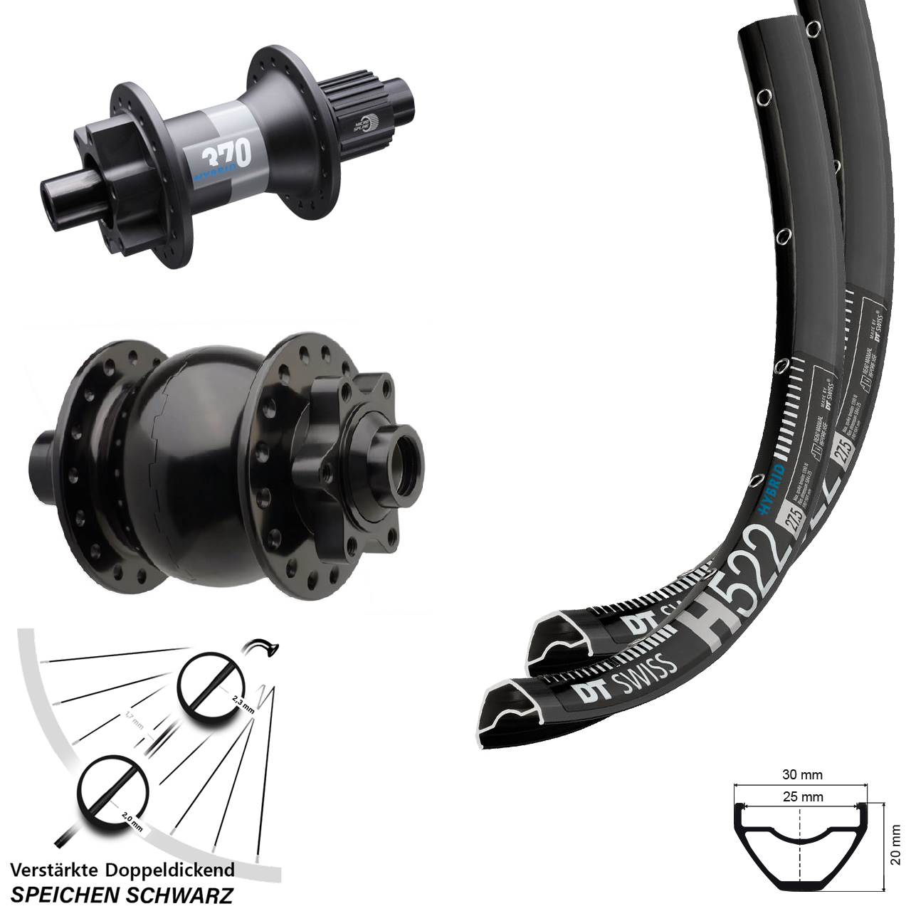 Laufradsatz 29 Zoll DT Swiss H522 Disc 6-Loch 12x148/15x110 370 Hybrid SON 28 Micro Spline