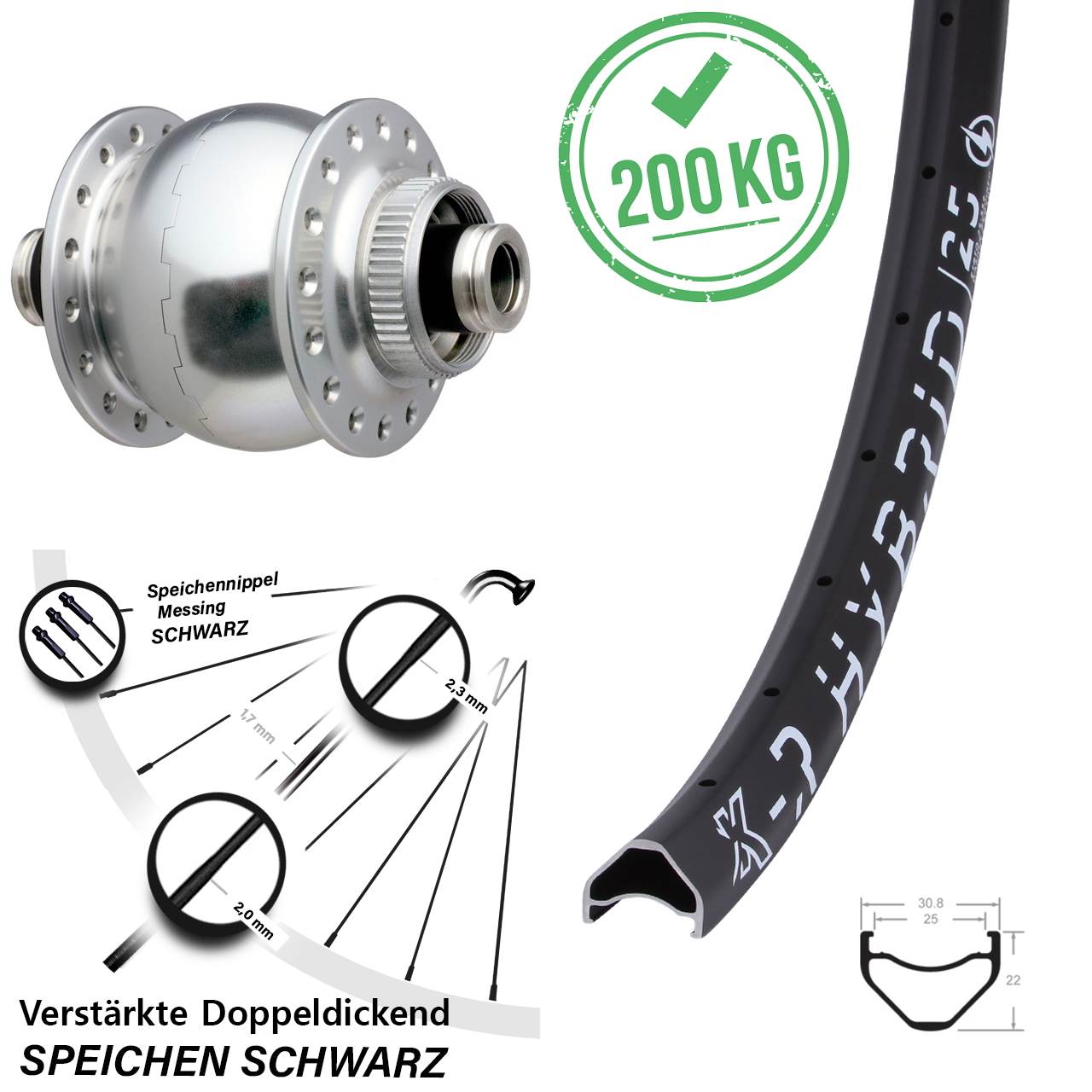 Nabendynamovorderrad 12x100 650B KX-R Hybrid 25 SON 28 silbern