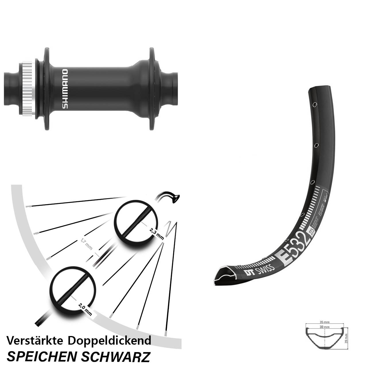 Disc Laufrad 27,5 Zoll DT Swiss E 532 Shimano HB-MT410-B 15x110 Boost