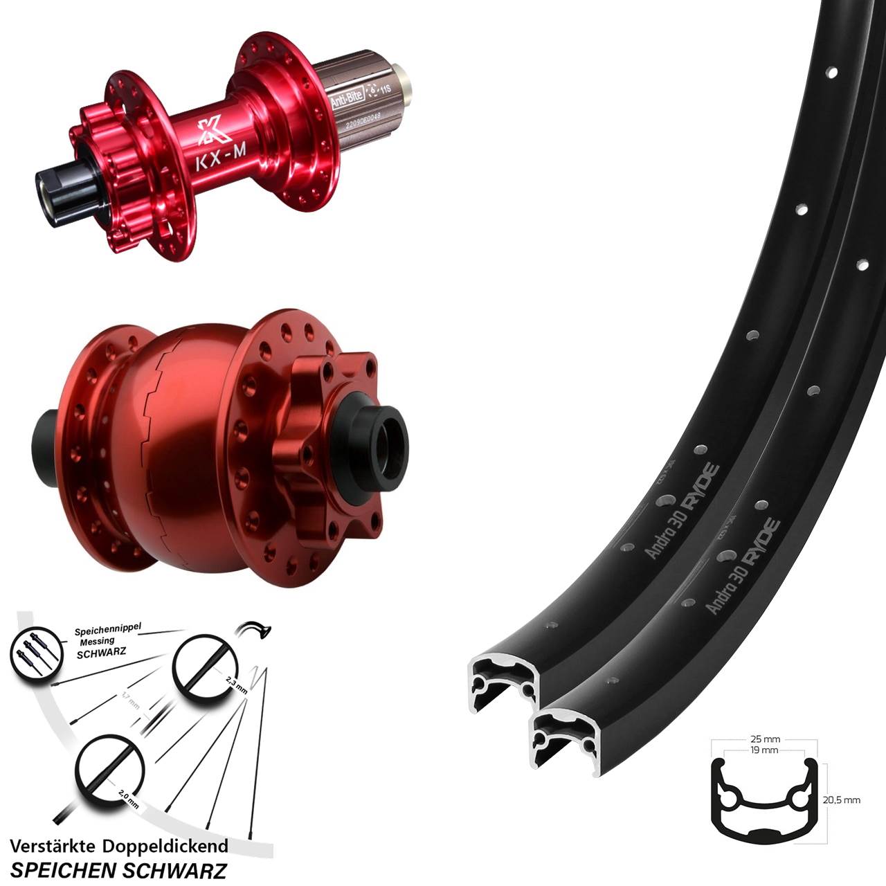 Ryde Andra 30 KX-M rot SON 28 Zoll Laufradsatz 6-Loch 15x100 12x142 8-12 fach HG