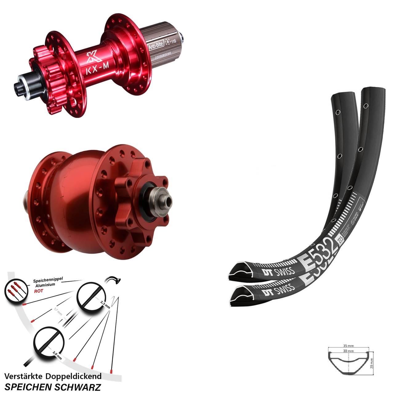 27,5 Zoll DT Swiss E 532 KX-M rot Disc 6-Loch SON 28 Laufradsatz QR 8-12 fach HG