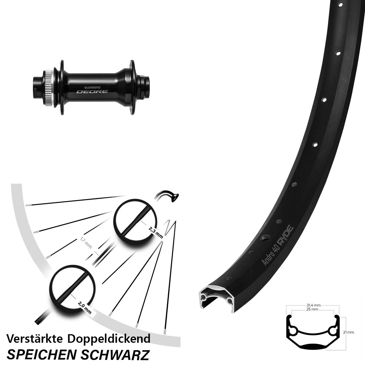 Vorderrad Centerlock 29 Zoll Ryde Andra 40 Disc Shimano Deore HB-M6010 15x110 Boost