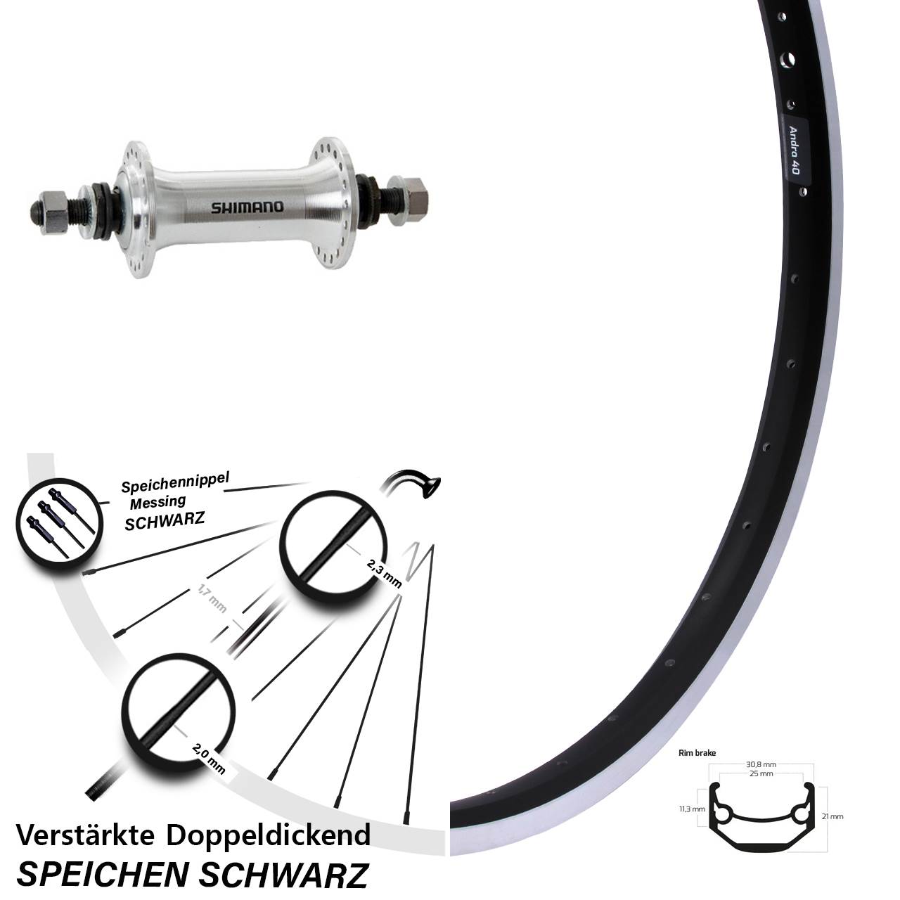 Ryde Andra 40 Vorderrad 28 Zoll verstärkt Shimano HB-TX500