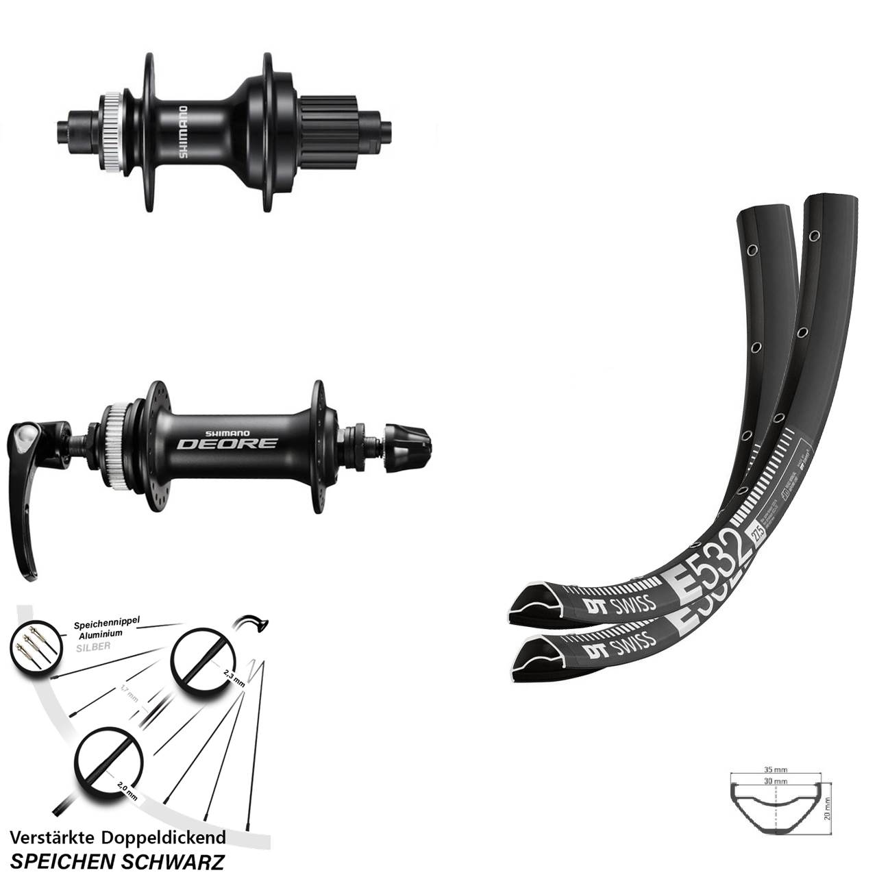 Laufradsatz Centerlock 29 Zoll DT Swiss E 532 Shimano Deore MT500 Micro Spline QR