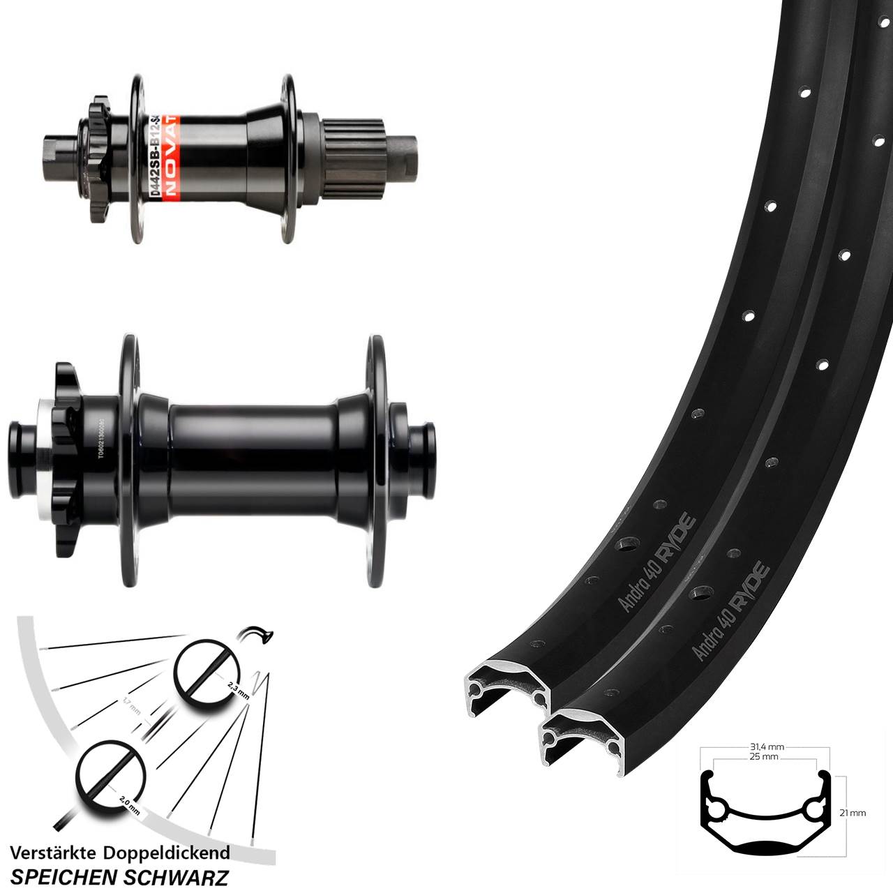 Ryde Andra 40 Novatec D341 D-442 26 Zoll 6-Loch Laufradsatz 15x110 12x148 Micro Spline