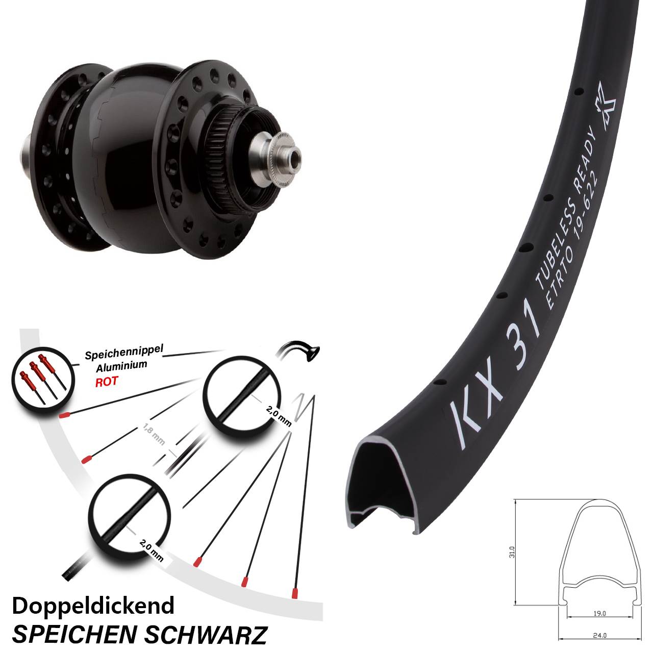 Nabendynamo-Vorderrad Centerlock 28 Zoll KX 31 SON 28 QR
