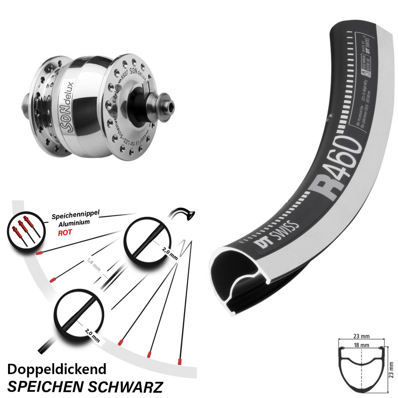 Nabendynamo-Vorderrad 28 Zoll DT Swiss R 460 SONdelux poliert QR