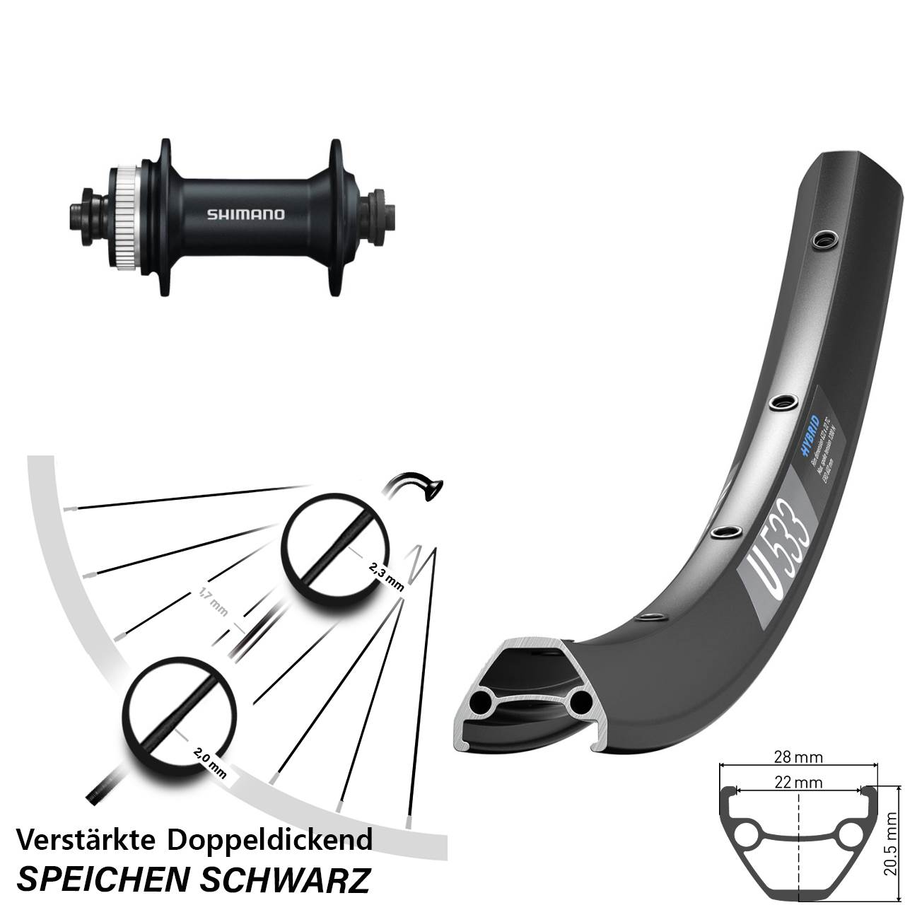 Disc Laufrad 29 Zoll DT Swiss U533 Shimano HB-M4050 für Schnellspanner