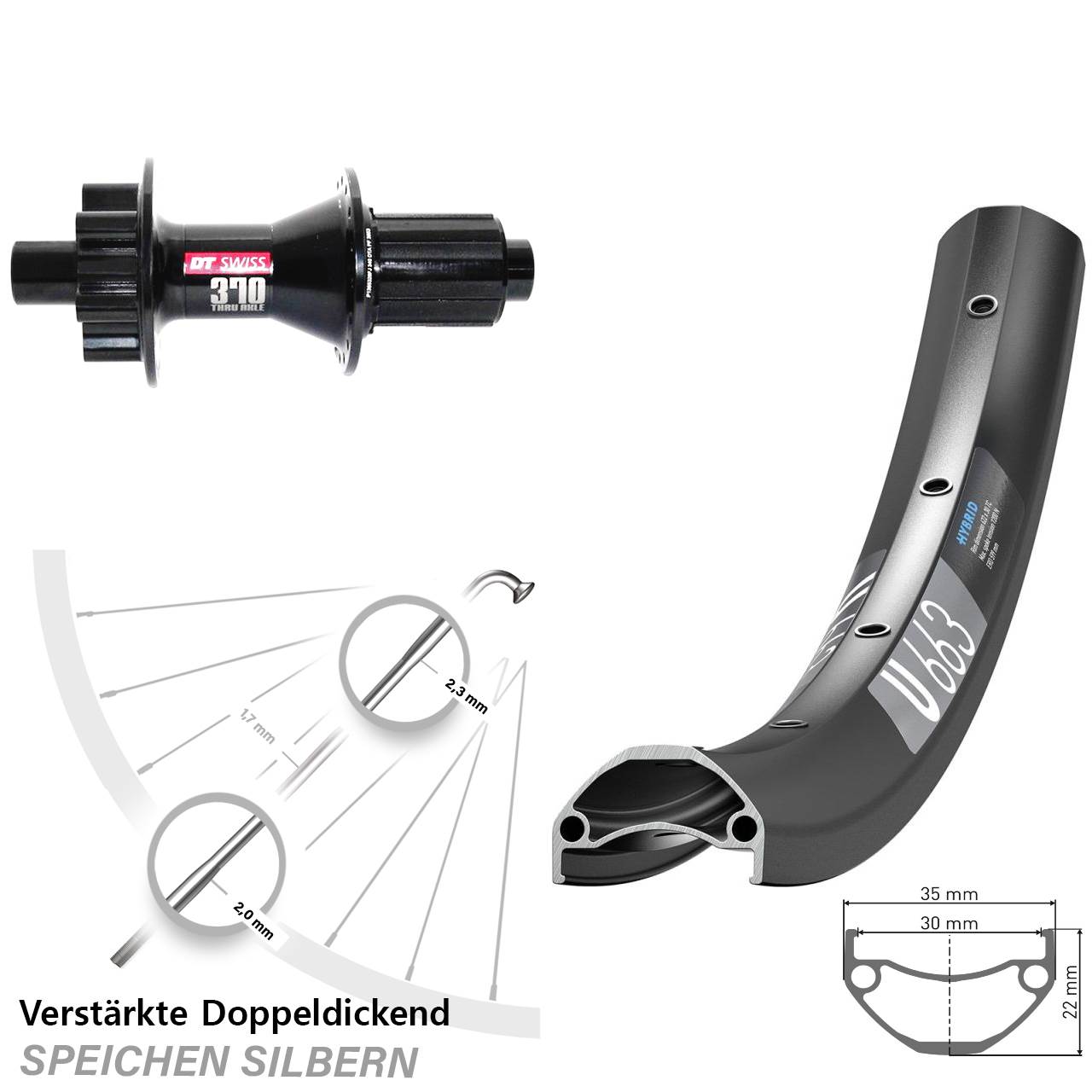 29 Zoll DT Swiss U663-370 Hybrid 6-Loch Hinterrad 12x142 8-11 fach