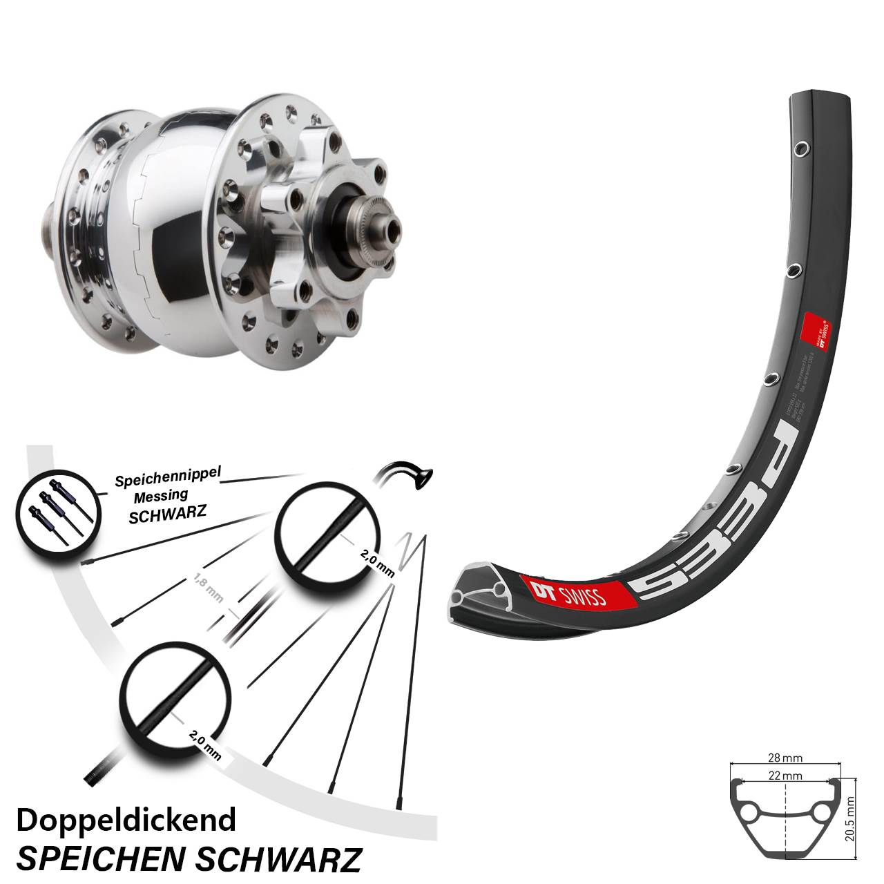 Disc Vorderrad mit Nabendynamo 26 Zoll DT Swiss 533 D SON 28 für Schnellspanner