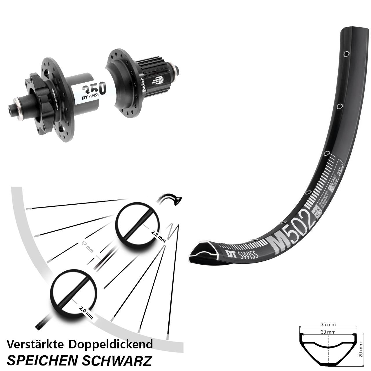 DT Swiss M502-350 27,5 Zoll 6-Loch Hinterrad QR Micro Spline