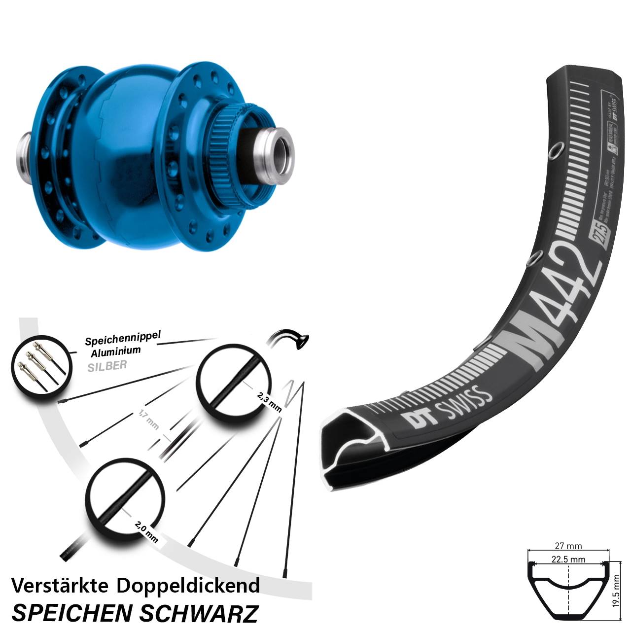 Nabendynamovorderrad Centerlock 12x100 DT Swiss M 442 SON 28 Zoll blau