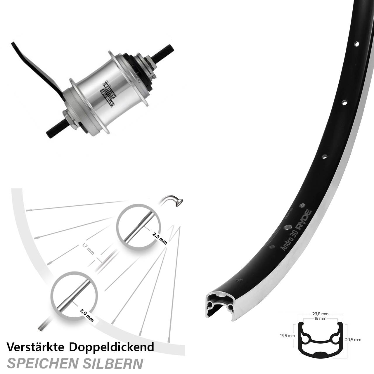 26 Zoll Hinterrad Sturmey Archer 3-Gang Rücktritt Ryde Andra 30