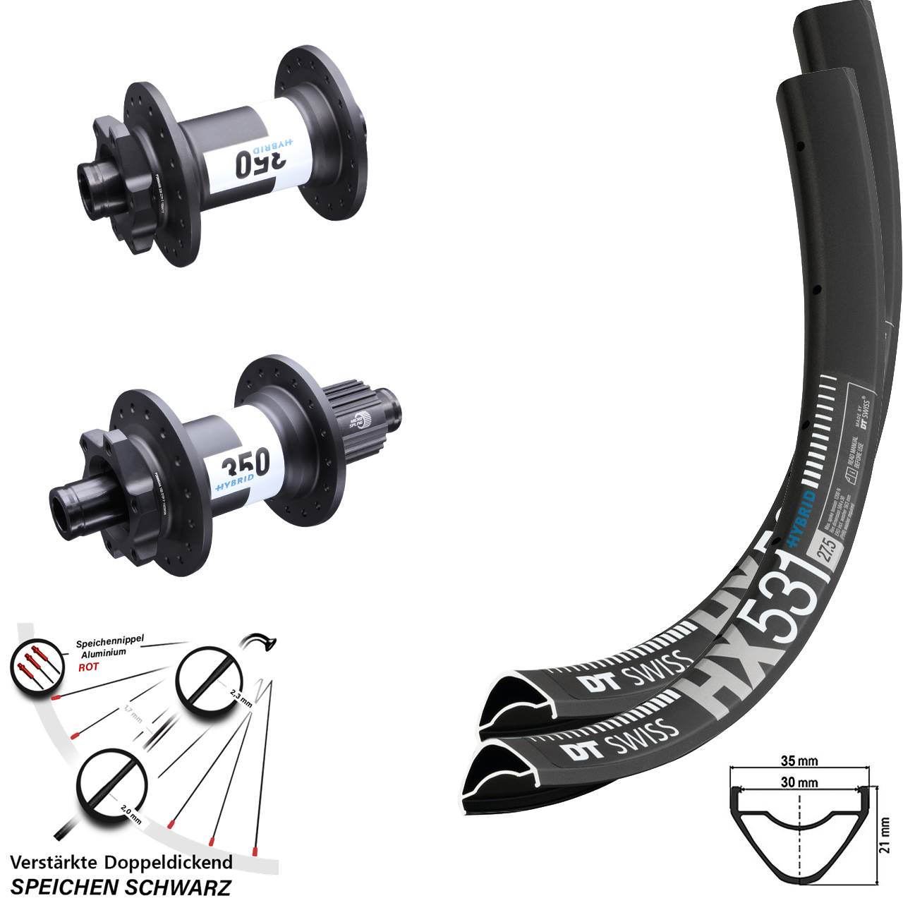 350 Hybrid DT Swiss HX531 Laufradsatz 29 Zoll E-Bike Boost 6-Loch Micro Spline