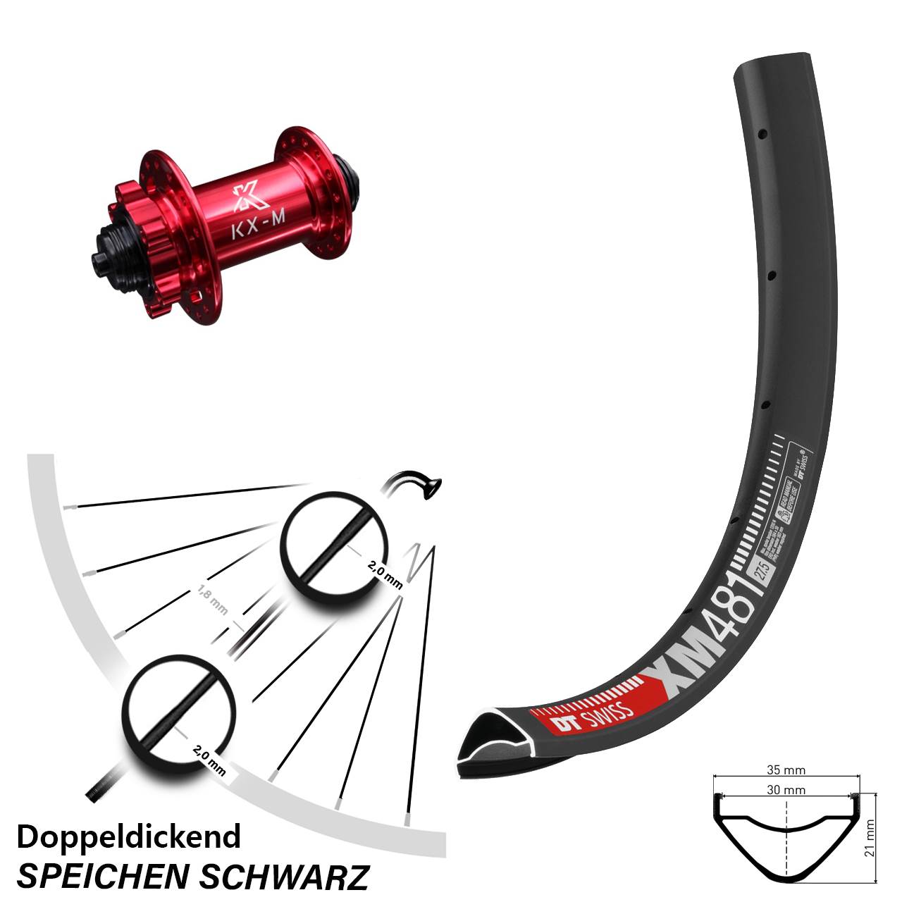 Vorderrad 6-Loch 27,5 Zoll DT Swiss XM481 KX-M rot QR