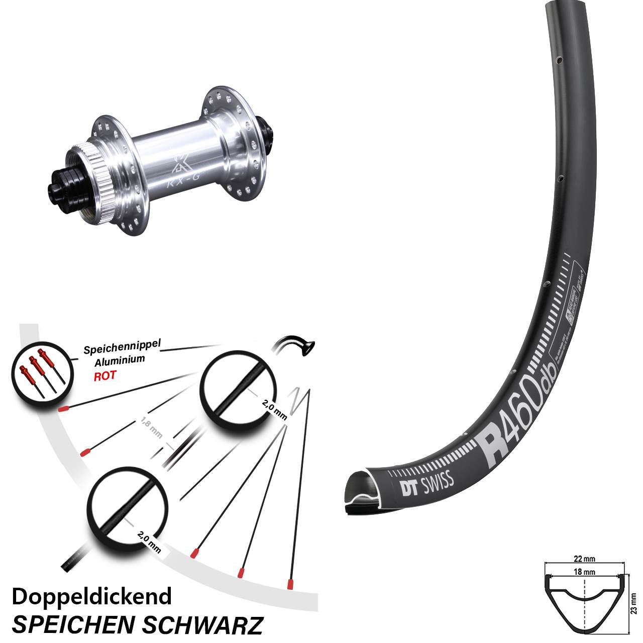28 Zoll Vorderrad DT Swiss R 460 DB mit KX-G silbern 5x100 mm Schnellspanner